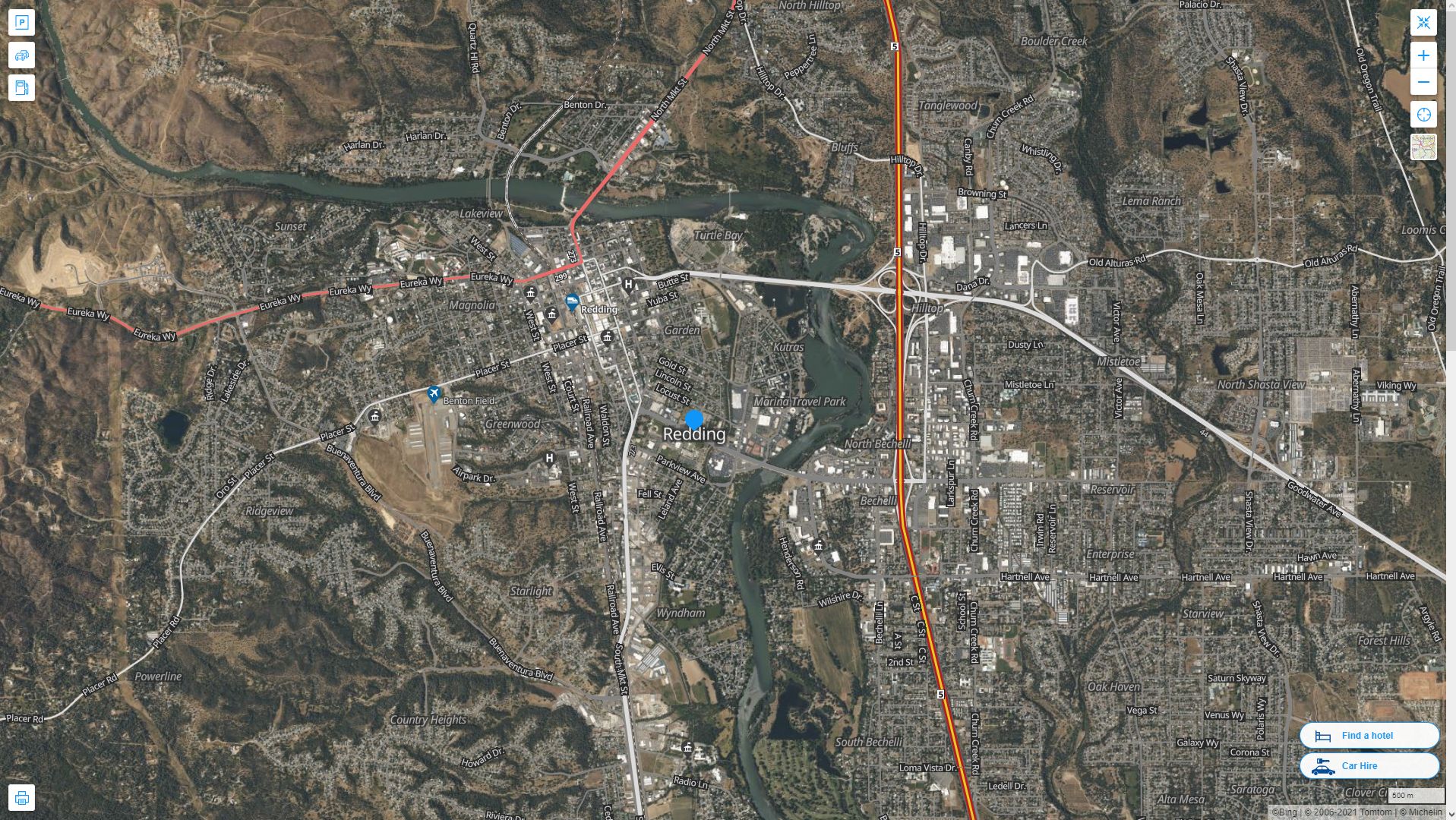 Redding California Highway and Road Map with Satellite View